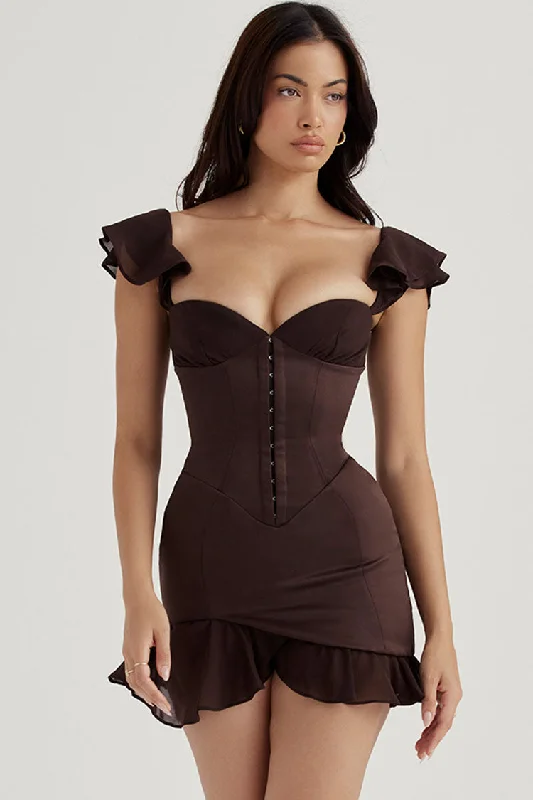 Clearance Event Swingy Chiffon Ruffle Bustier Satin Slip Party Mini Dress - Chocolate