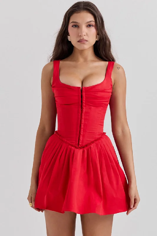 Everyday Wear Sexy Hook & Eye Drop Waist Pleated Corset Summer Mini Sundress - Red