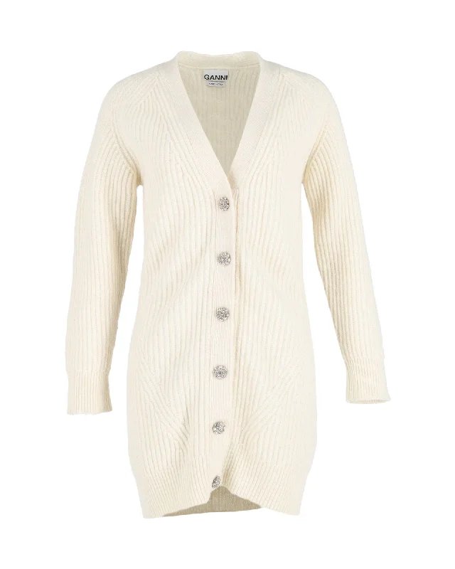 Save On Classic Elegant Styles Ganni Rib-Knit Long Cardigan in Cream Wool