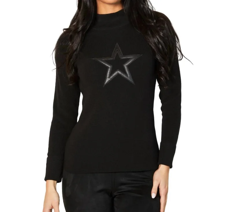 Rustic Countryside Charm Look Mock Neck Ribbed Star Sweater In Black