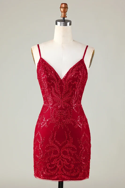 Classic Charm Sparkly Dark Red Sequins Spaghetti Straps Tight Short Homecoming Dress