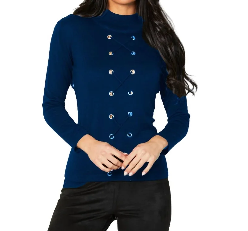 Hollywood Glam Award - Show Style Lace Up Mock Neck Top In Cadet