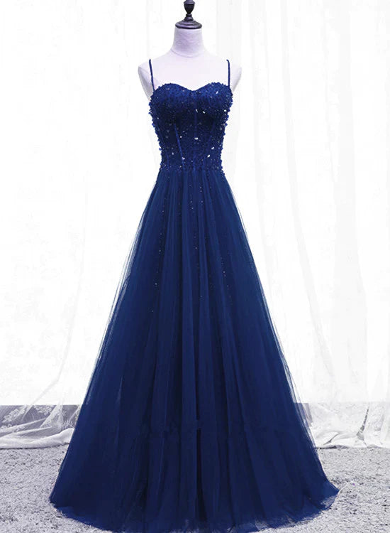 Update With Cottagecore Styles Blue Beaded Straps A-line Tulle New Prom Dress Party Dress, Blue Floor Length Party Dress