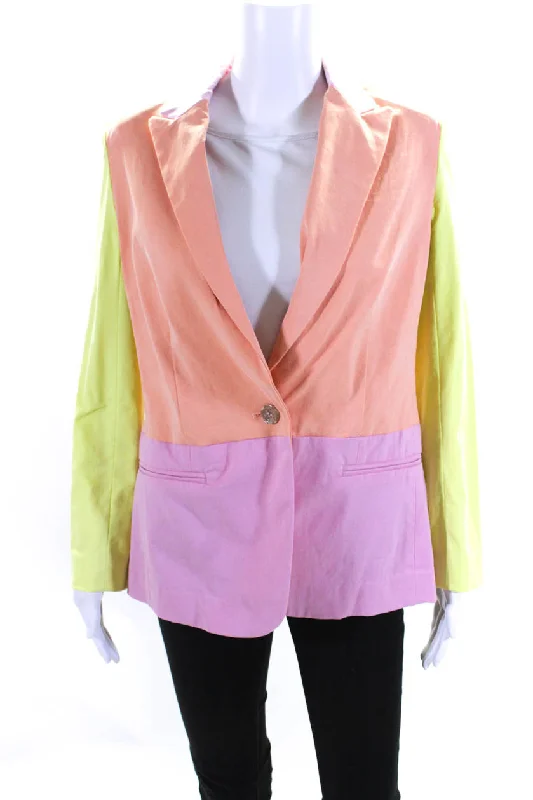 Trendy Street Style Tanya Taylor Womens Darwin Pastel Color Block Peak Lapel Blazer Pink Orange Sz 2