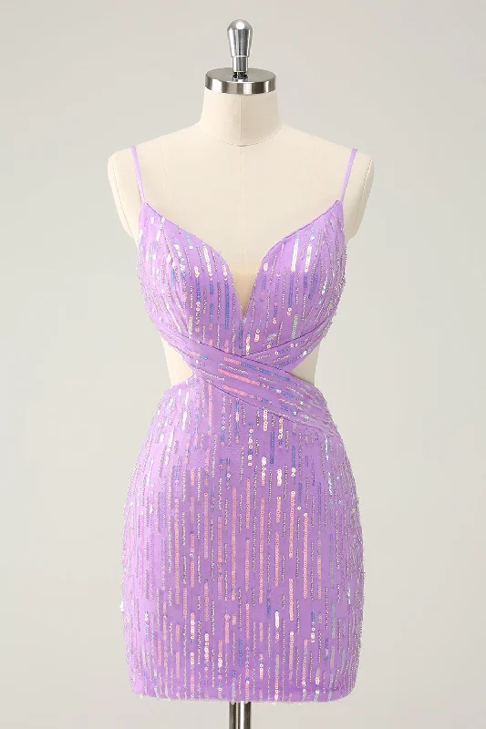 Sophisticated Style Glitter Purple Bodycon Lace Up Back Short Homecoming Dress with Sequins