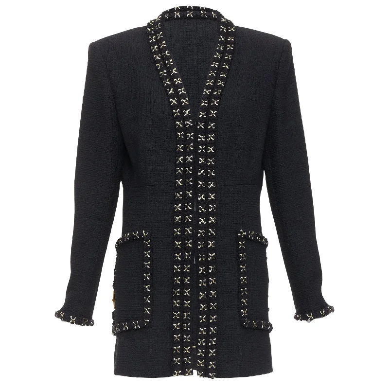 Additional Time-Limited Offers Chanel tweed crosshatch braided Lionheart button long coat