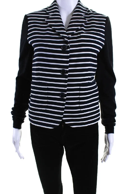 Bold Fashion Christian Dior Womens Knit Sleeve Striped Ponte Blazer Jacket Navy White