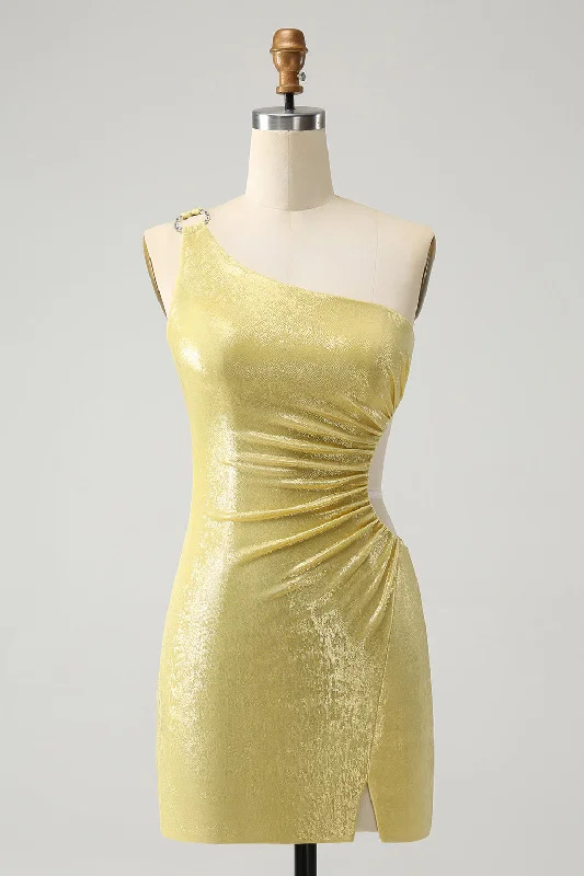 Feminine Flow Sparkly Yellow Bodycon One Shoulder Hollow Out Pleated Short Homecoming Dress