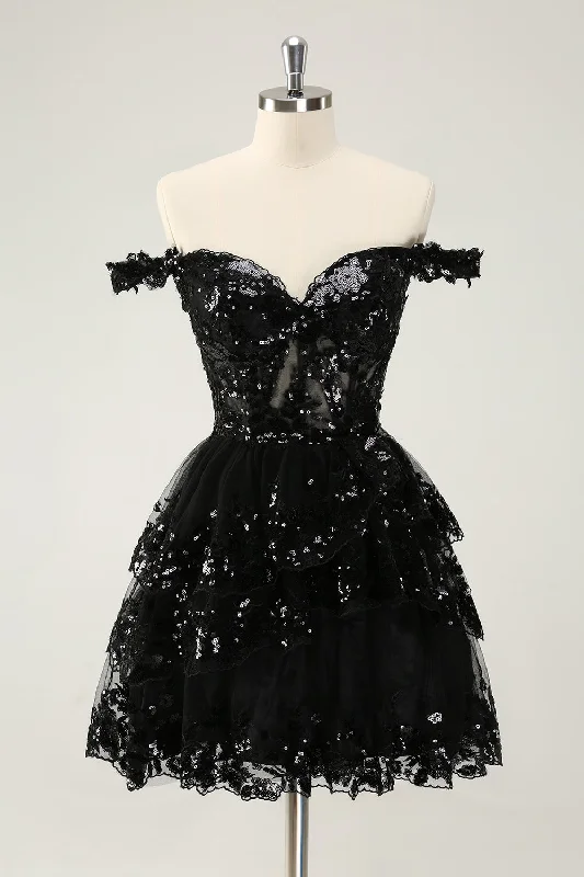 Vintage Elegance Sparkly Black A Line Off The Shoulder Corset Tiered Short Homecoming Dress