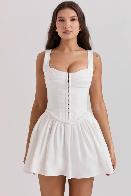 Save Big Sexy Hook & Eye Drop Waist Pleated Corset Summer Mini Sundress - White