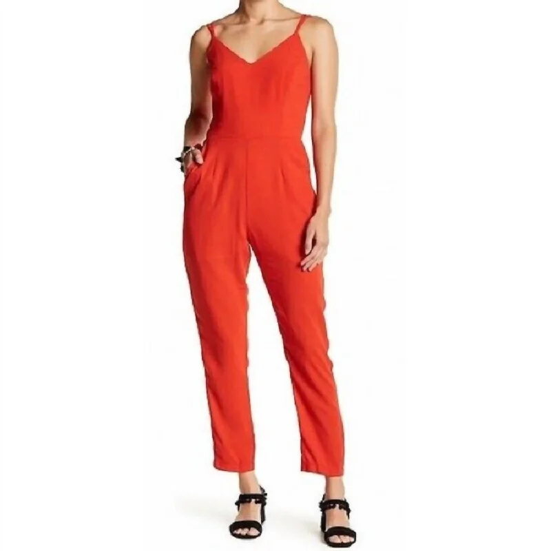 Fashion Forward Style Crepe V Neck Spaghetti Straps Jumpsuit In Red