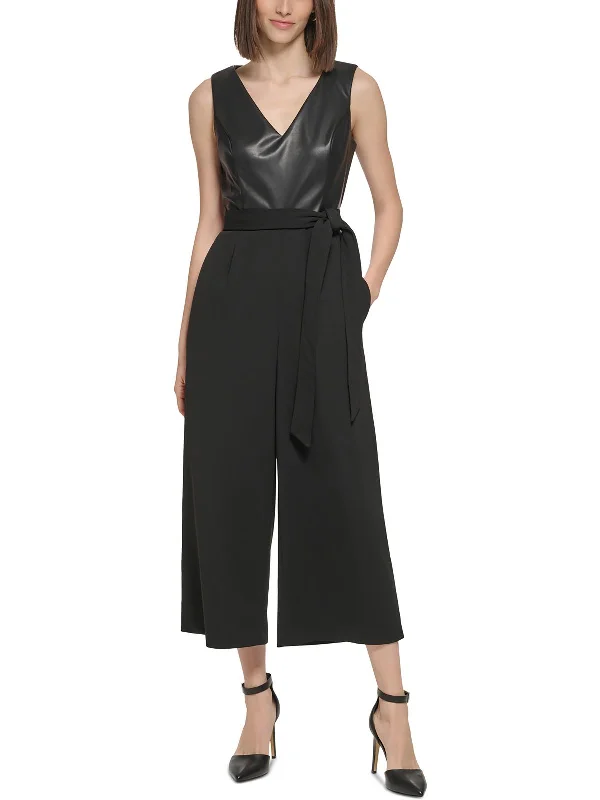 Hot Deals Womens Mixed Media Faux Leather Jumpsuit