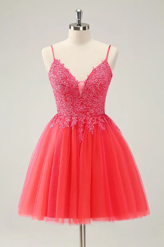 Relaxed Fashion Cute Hot Pink A Line Spaghetti Straps Sequin Short Homecoming Dress with Appliques