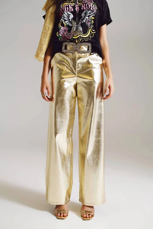 Chic & Cozy Collection Metallic Straight Leg Pants In Gold