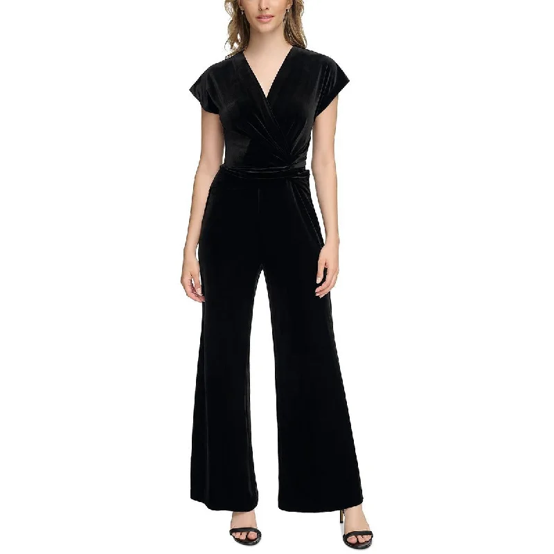 Mid - Week Surprise Womens Velvet Faux Wrap Jumpsuit