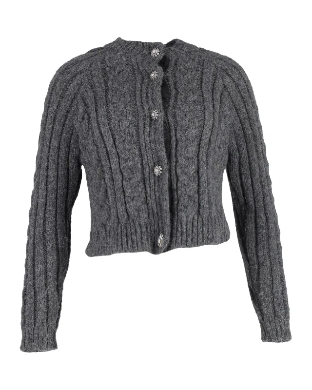 Summer Splash Sale Ganni Cable-Knit Crystal-Buttoned Cardigan in Grey Alpaca Blend