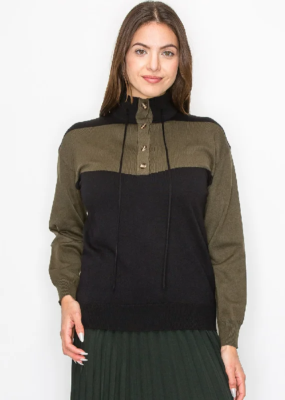 Imeless Style High-Neck Olive Panel Sweater