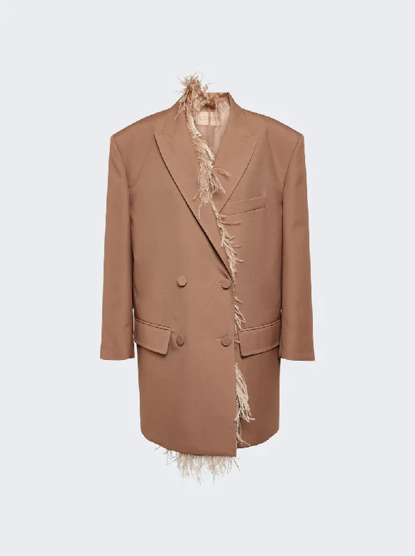 Ends Soon Valentino Garavani Feather-Trimmed Double-Breasted Blazer Neutral