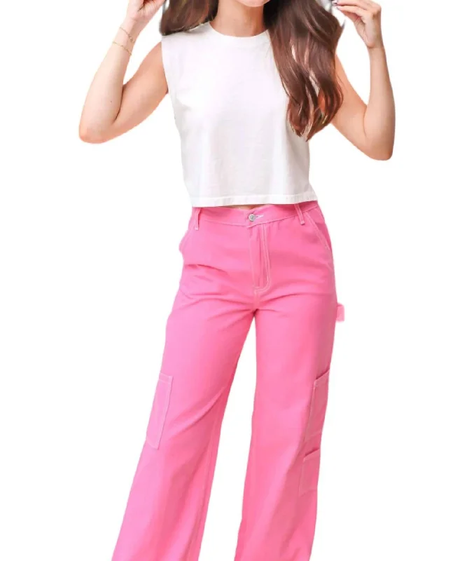 New Season Fashion Preview Sale Contrast Stitch Utility Pants In Pink