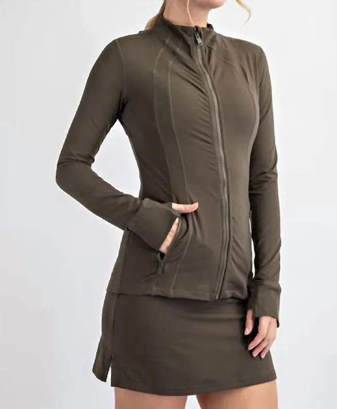 Premium Style Athleisure Zipper Jacket In Olive