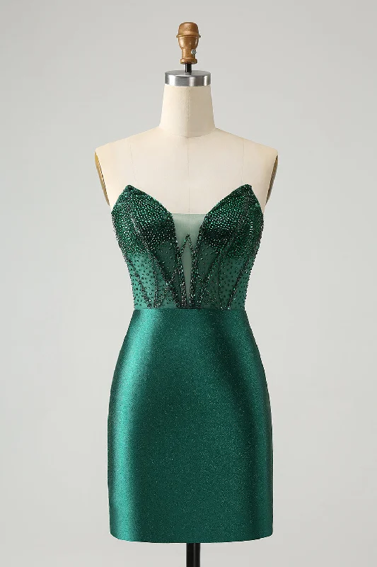 Casual Chic Classy Sparkly Dark Green Tight Strapless Short Homecoming Dress with Beading