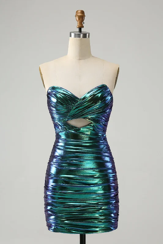 Vibrant Styles Chic Teal Blue Strapless Keyhole Pleated Tight Homecoming Dress