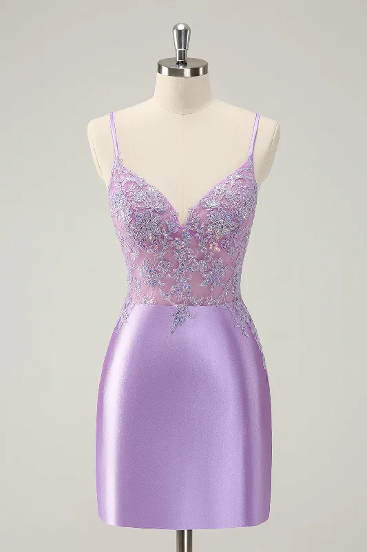 Eclectic Fashion Gorgeous Lilac Bodycon Spaghetti Straps Short Homecoming Dress with Sequins