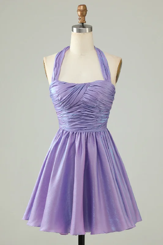 Style Redefined A Line Purple Halter Open Back Sleeveless Short Homecoming Dress