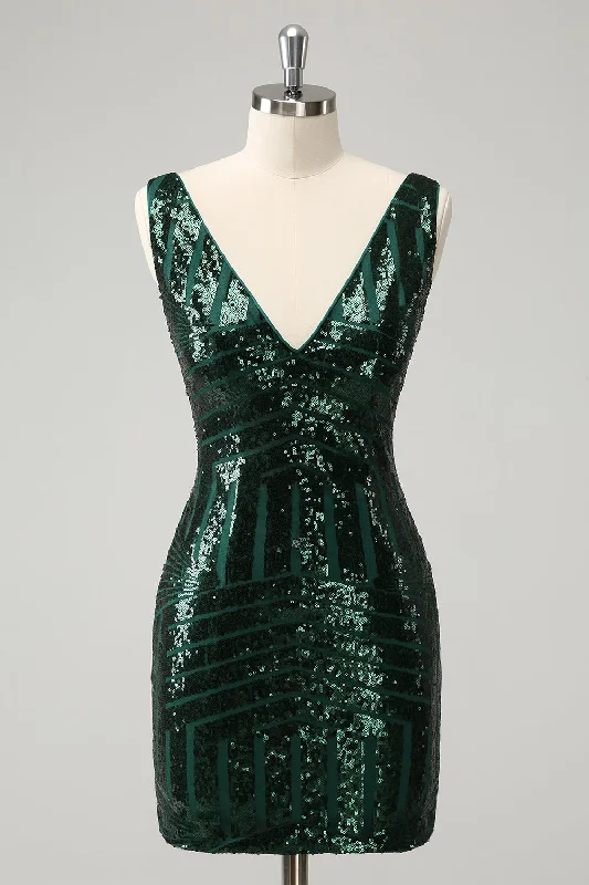 Classic Timeless Elegant Style Stylish Dark Green Bodycon V Neck Sequin Short Homecoming Dress with Detachable Skirt