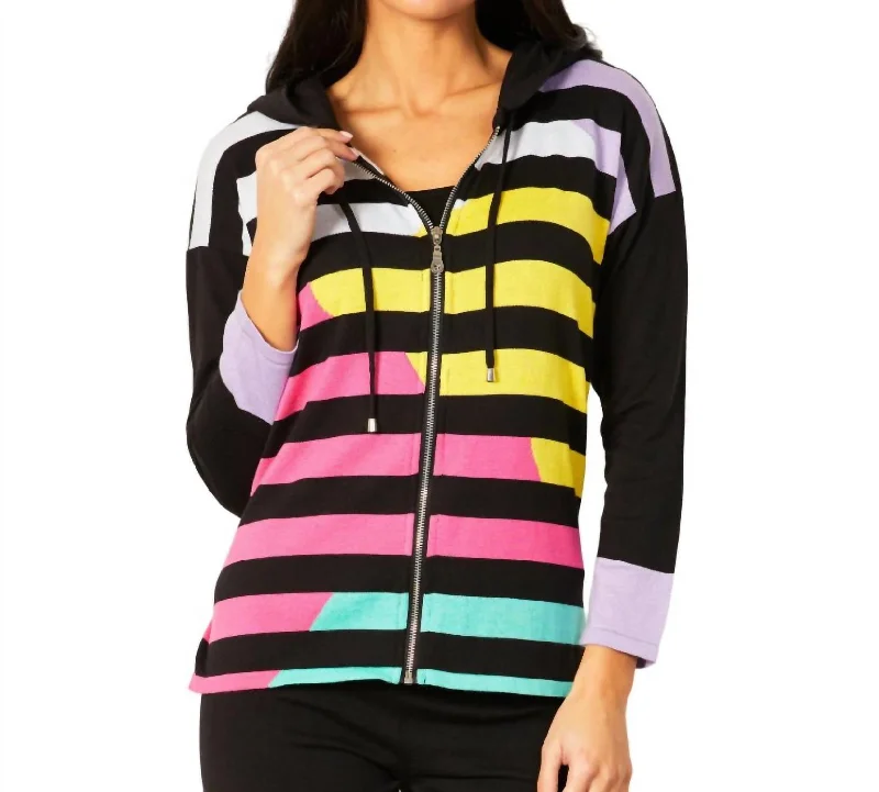 Fashion Forward Style Multi Stripe Zip Up Hoodie In Black