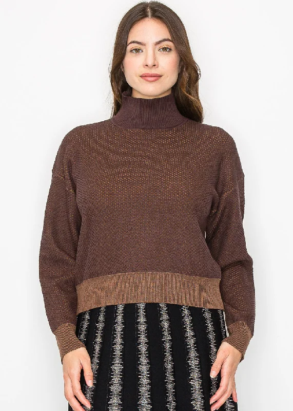 Women's Urban Fashion Textured Brown High Neck Sweater