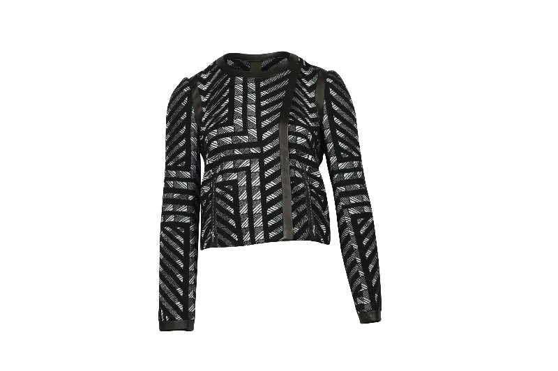 Elegant Style Diane Von Furstenberg Geometic Pattern Leather Trim Jacket in Black Wool