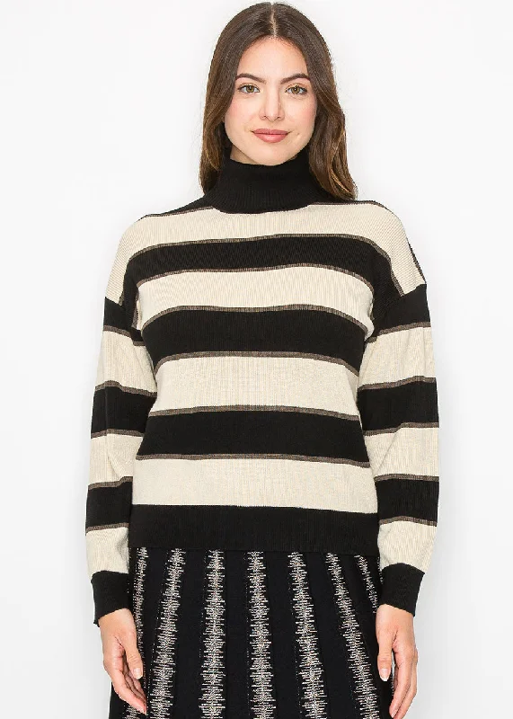 Everyday Wear Black and Cream Striped Pullover with Turtleneck