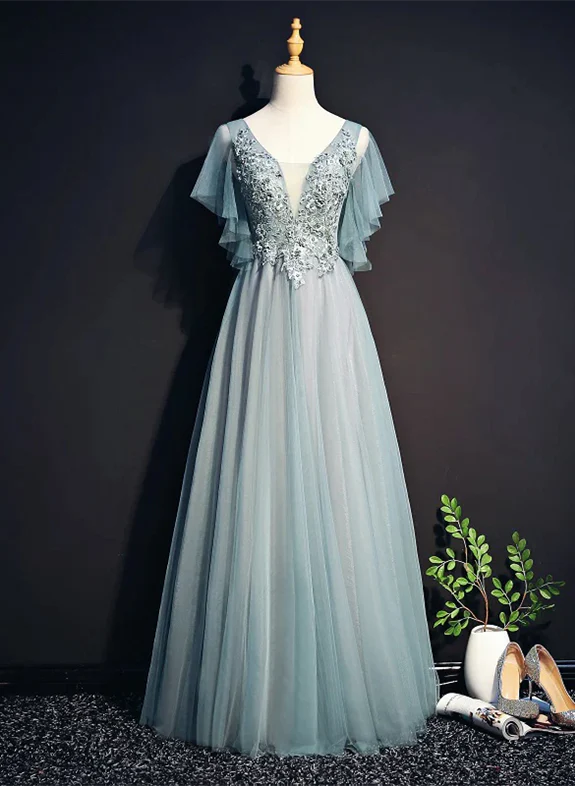 Father's Day Deals Beautiful Light Green Tulle Long Party Dress, Green Lace Low Back Prom Dress Evening Dress