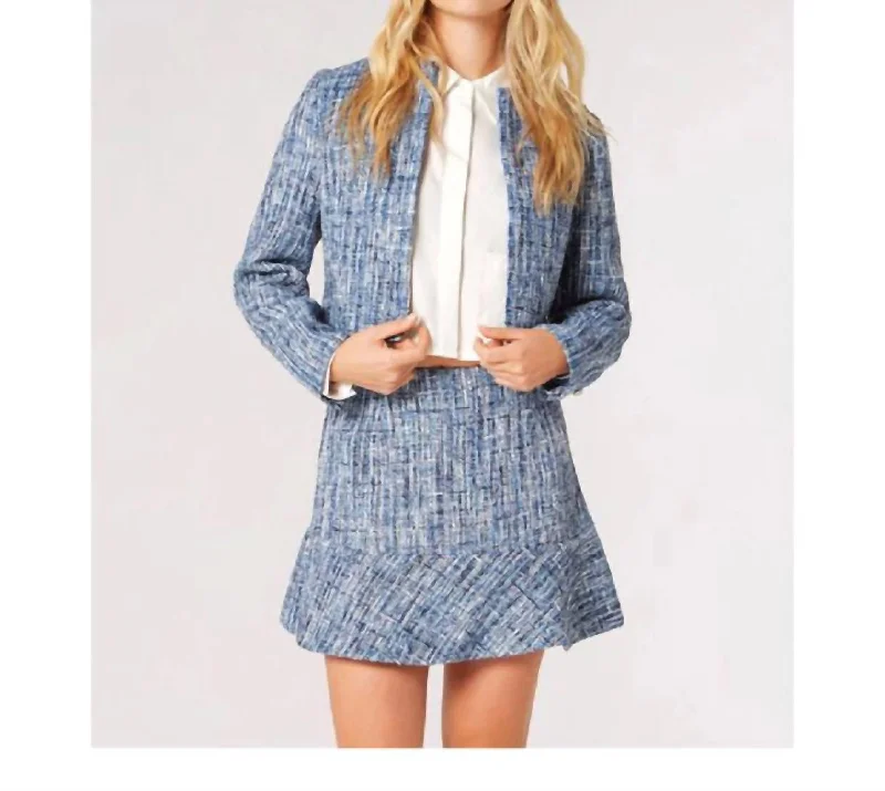 Wardrobe Essentials Textured Tweed Collarless Blazer In Blue