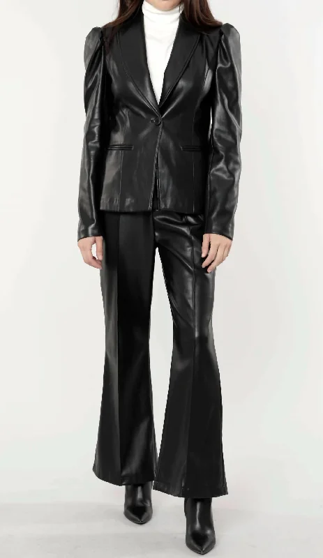 Seasonal Sale Puff Shoulder Vegan Leather Blazer In Black