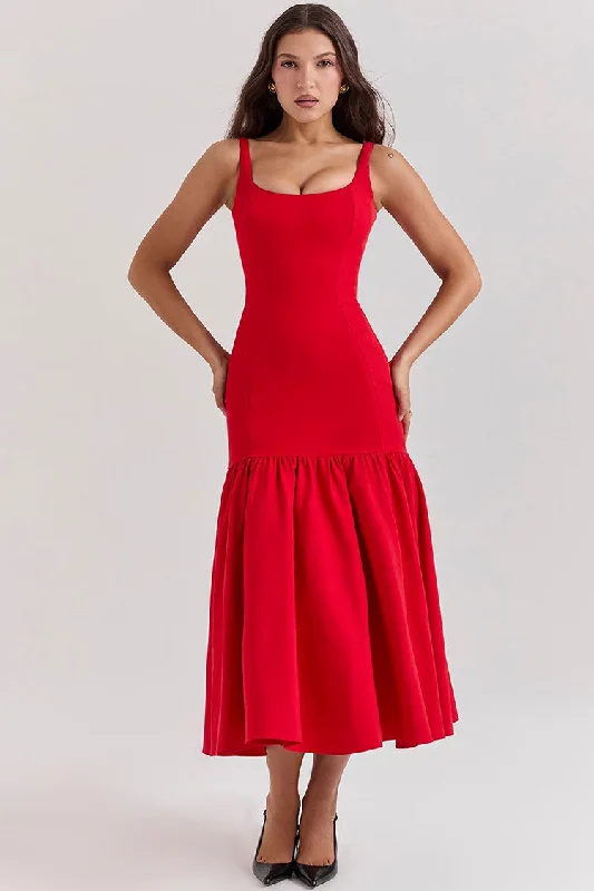 Colorful Clothing Minimal Scoop Neck Sleeveless Drop Waist Ruffle Cocktail Party Midi Dress