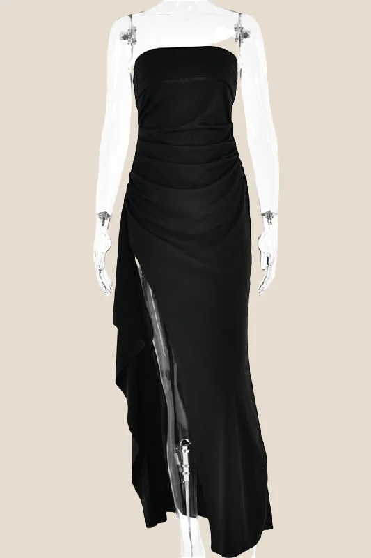 New Styles Just In Strapless Black Ruched Long Dress with Slit