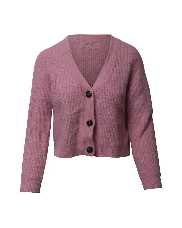 Innovate Your Wardrobe Ganni Rib Knit Cropped Cardigan in Pink Wool