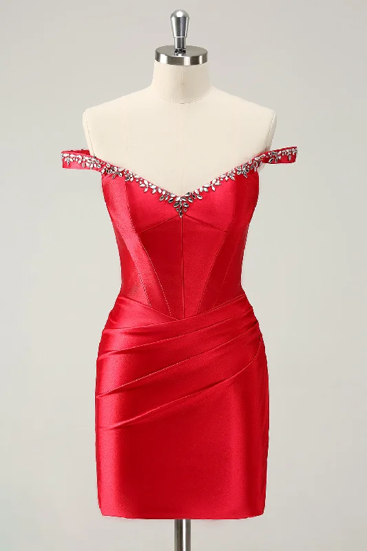 Graceful Drape Red Sheath Off The Shoulder Pleated Corset Short Homecoming Dress with Rhinestones