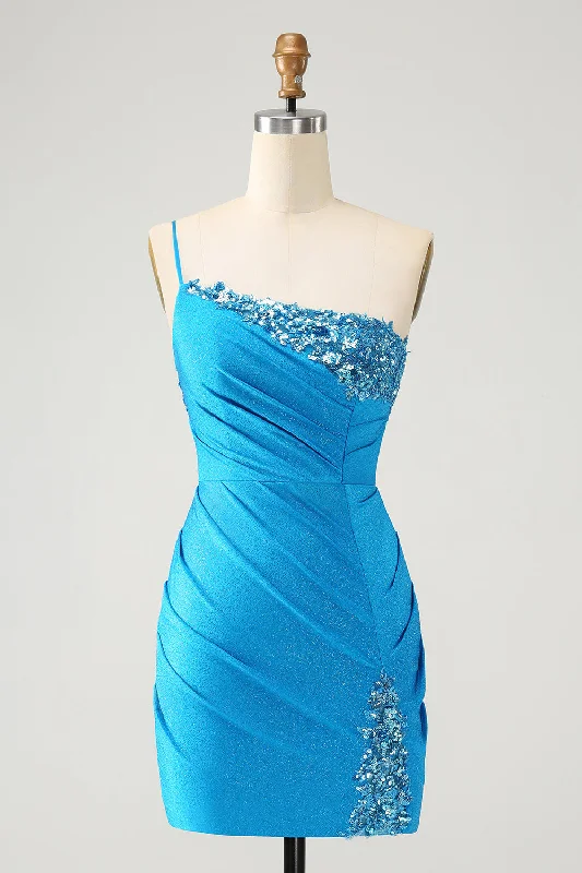 Elevated Style Sparkly Blue Bodycon One Shoulder Pleated Short Homecoming Dress with Sequins