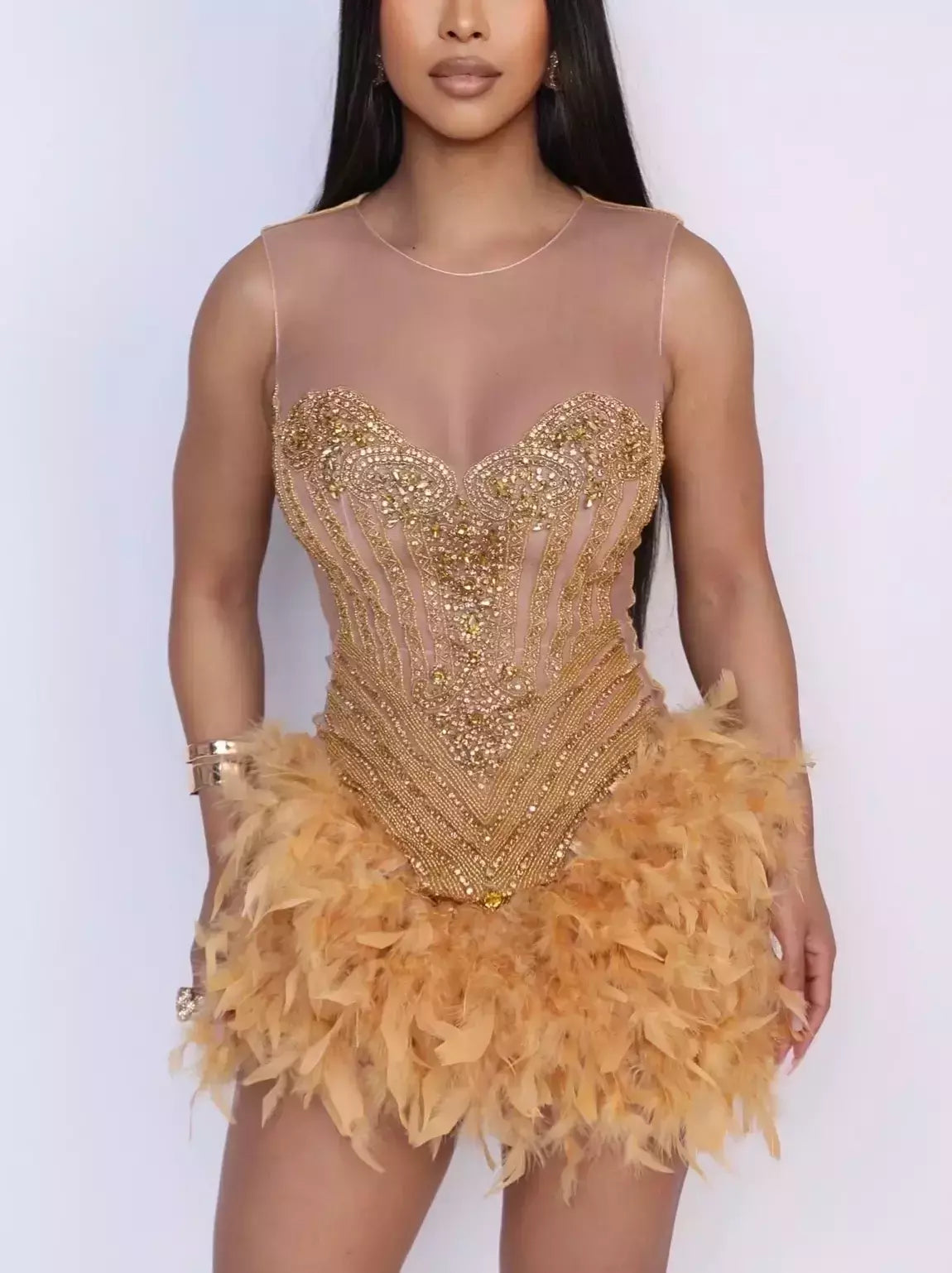 Update With Cottagecore Styles Gold Embellished Feather-Trim Semi-Sheer Mini Dress