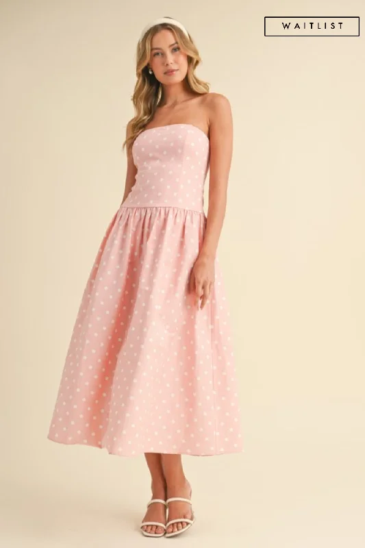 Now On Sale For Chic Urban Styles Waitlist 2/19 ♥ Reese Sleeveless Polka Dot Print Midi Dress Pink