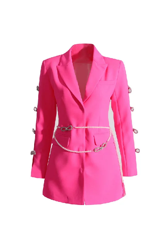 Bold Fashion Sweet Faux Pearl Belted Cinched Waist Cutout Crystal Bow Party Blazer