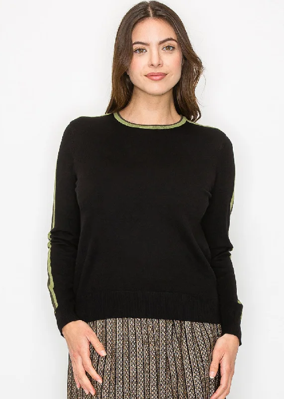 Bold Fashion Black Sweater with Olive Stripe Detail