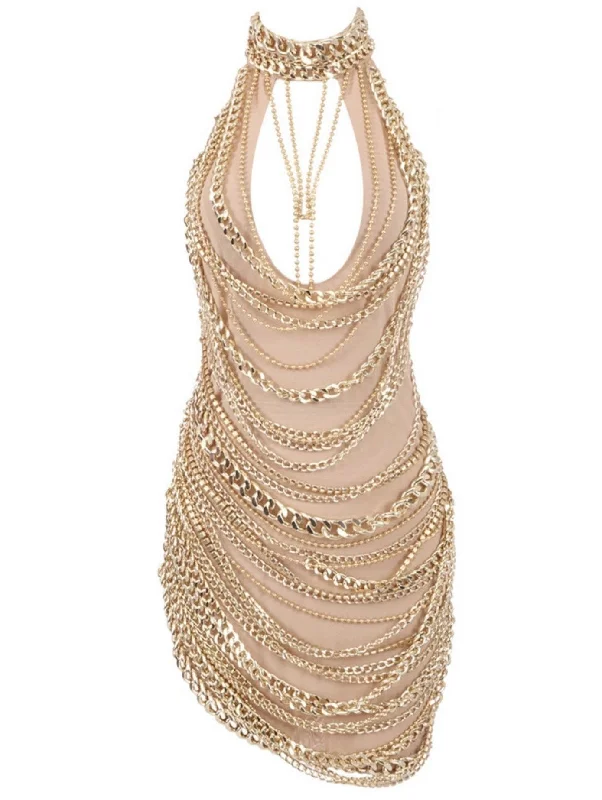 Huge Savings On Parisian Styles Chain-Embellished High-Neck Mini Dress in Nude