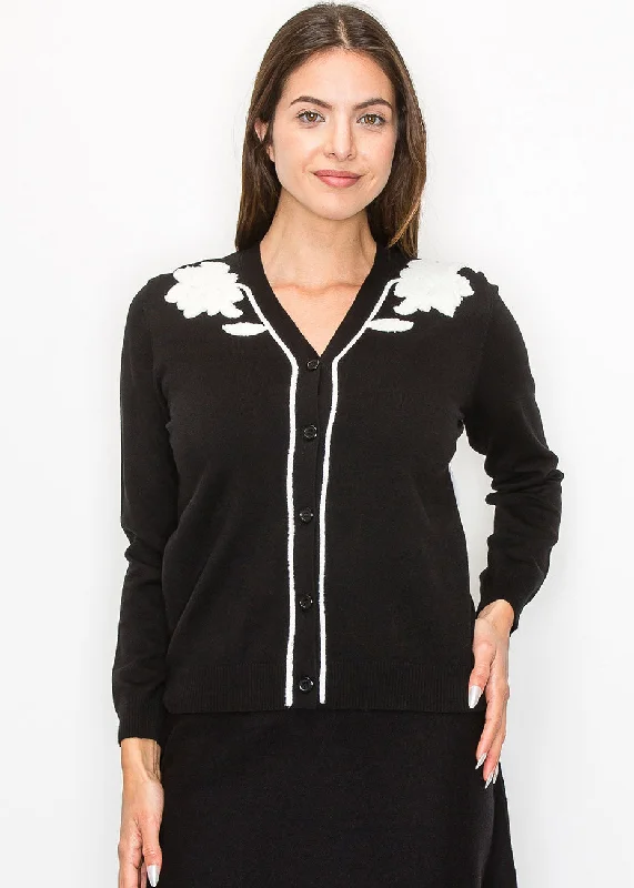 Relaxed Style Black and White Floral Embroidered Cardigan