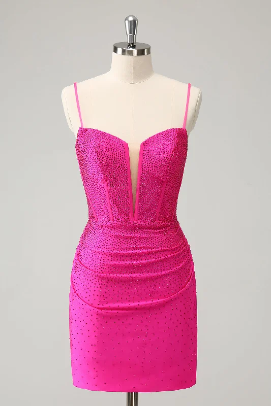 Sporty Streetwear Fuchsia Bodycon Spaghetti Straps Corset Short Homecoming Dress with Beading