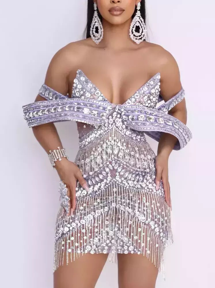 Exclusive Discount Sculptured Off-Shoulder Embellished Sheer Mini Dress in Silver