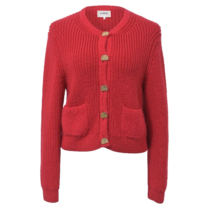 Spring Wardrobe Ba&Sh Knitted Purrl Button-Front Cardigan in Red Wool